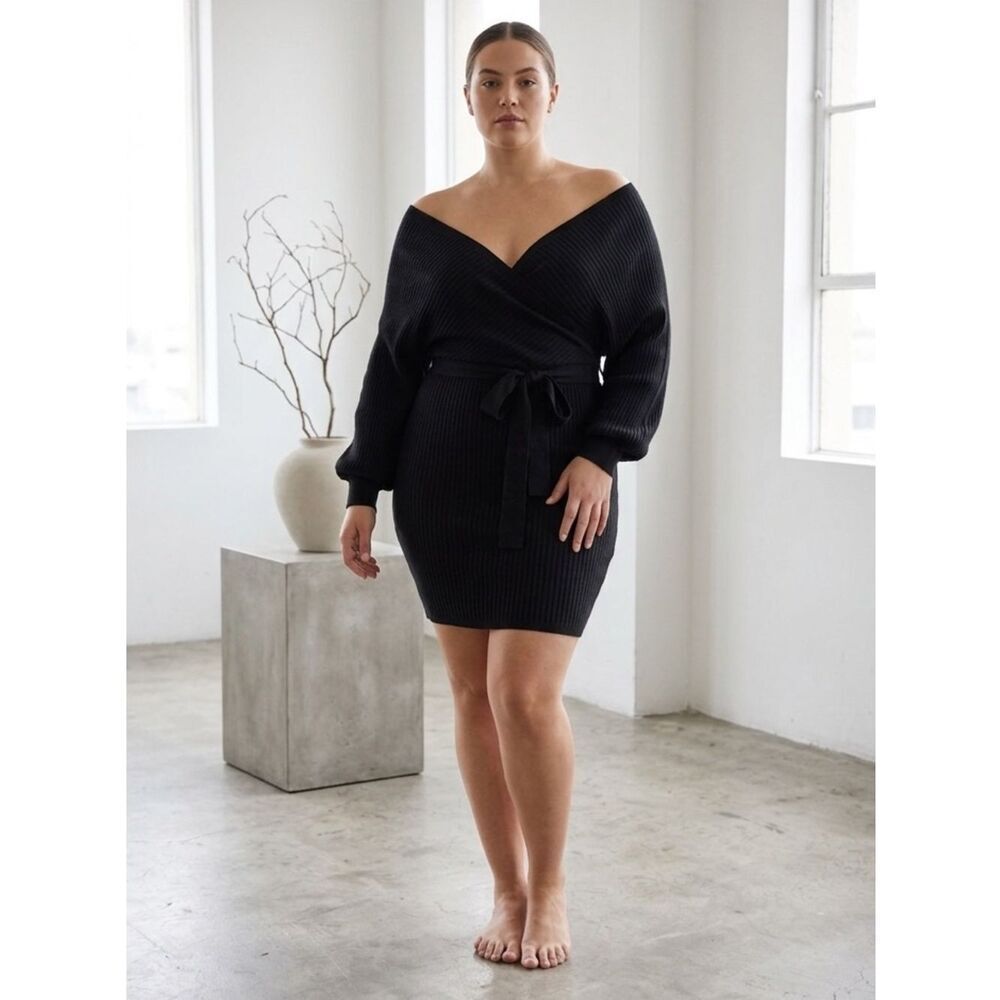 Love Tree Sweater Dress with Sash Belt Black V Neck Off Shoulder Mini Size 2X/3X